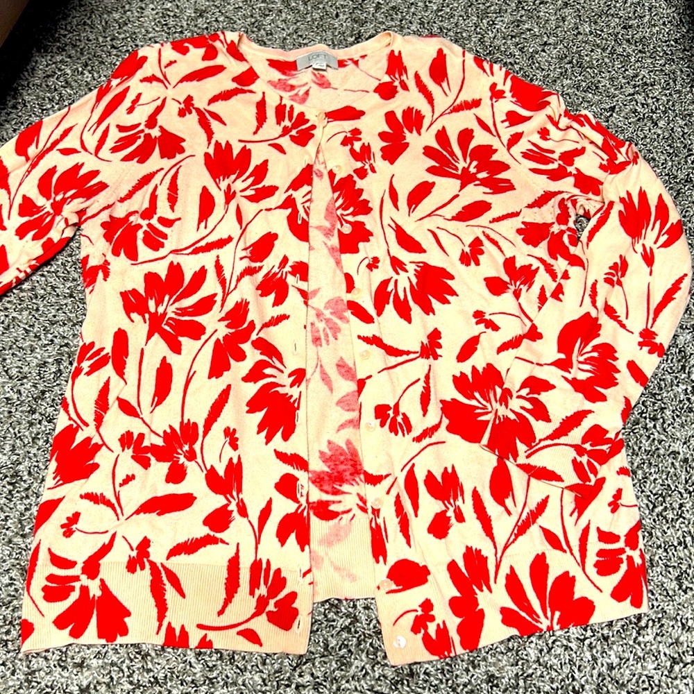 LOFT Pink Cardigan w/ Red Flowers